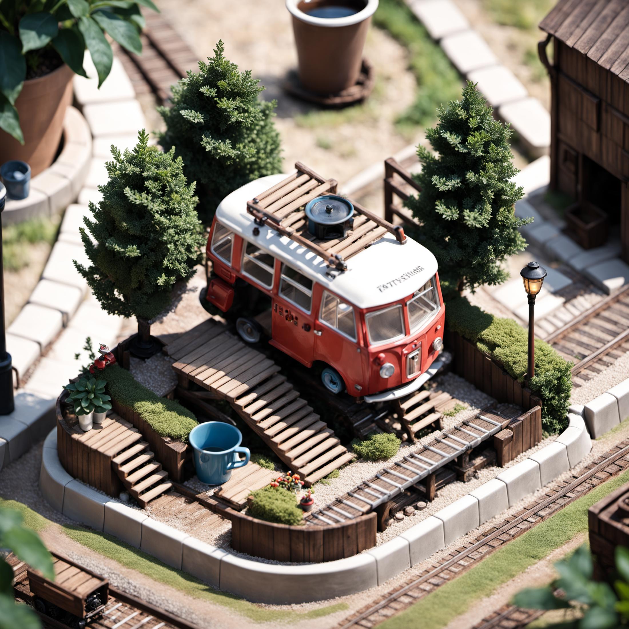 A model of a red and white bus on a miniature track with a small building.