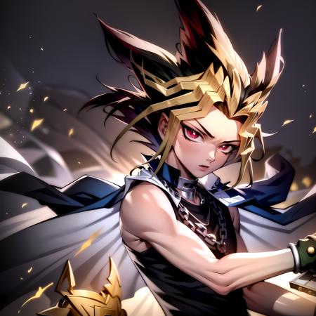 ((masterpiece, best quality)),(complex light),1boy, solo , yugi muto, black hair,  jacket on shoulders,  <lora:Yugioh1-10:0.8>,necklace, big pendant, sleeveless shirt, millennium puzzle,