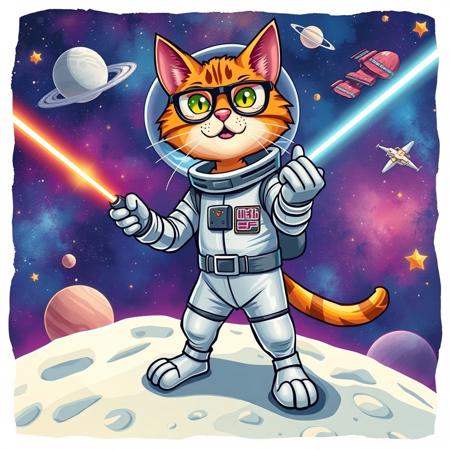 A brave, bespectacled cat named 'Professor Purr-cival' 
standing on the moon, wearing a shiny spacesuit and holding a giant, 
glowing laser pointer. The background is a colorful galaxy with stars, 
planets, and spaceships flying by. Incorporate dynamic expressions and 
fun, exaggerated facial features.