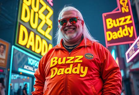 Buzz Daddy is a larger-than-life character, exuding charisma with a signature grin reminiscent of Riccardo Villalobos. His playful, lighthearted aura contrasts with his bulky, chubby physique. He’s decked out in a corporate tracksuit with vibrant psychedelic details, featuring a standout orange piece that reads “The Road to Torino.” His look is completed by a massive yogurt buckle shaped like a buzz coin, and long, straight white hair that adds to his striking appearance. His reflective shades mirror the electric glow of digital yellow signs, while he mischievously tosses stacks of Buzz coins around.
Buzz Daddy’s personality is zany, artistic, and captivating—his presence radiates the vibe of a meme king who thrives on humor and unpredictability. In the scene, “Buzz Daddy” is showcased in luminous, cinematic letters, whether displayed on a neon-lit billboard, a glowing mural, or boldly printed across his ultra-realistic jacket. The composition merges digital and artistic styles, creating a playful yet composed visual experience. The atmosphere is surreal and meme-driven, highlighting Buzz Daddy’s larger-than-life persona with influences from aidmafluxpro1.1, aidmaMJ6.1, and aidmahyperrealism, ensuring an unforgettable visual impact.