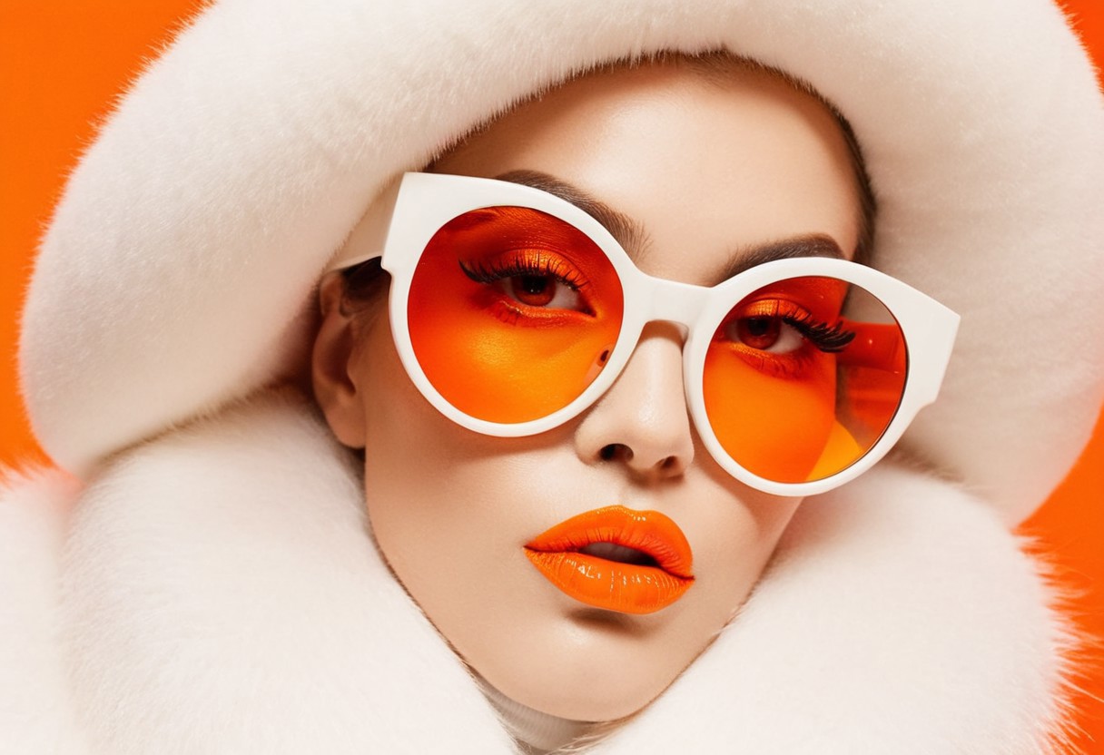 Highly stylized, close-up portrait of a person with a surreal, almost otherworldly appearance. Orange background. The subject has a smooth, white skin, with striking red lips that are glossy and well-defined. They are wearing large, white-framed sunglasses with orange-tinted lenses that cover a significant portion of their face, adding a bold contrast to the overall color scheme. The person has long, thick eyelashes and their facial features are sharp and symmetrical. They are also adorned in a white, fur-like garment that adds texture to the image. The overall aesthetic is futuristic and fashion-forward, with a strong emphasis on color contrast and smooth textures.