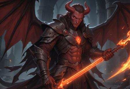 dark environment, 1 devil man, Raphael bg3, demon, red skin, horns, glowing red orange eyes, posh clothes, brown slick back hair, cambion massive wings, holding glowing staff, middle ages, dungeons and dragons, close up