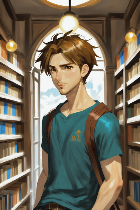 2010s anime style digital painting<lora:EnvySendNoodzXL01:-1>, 1boy, man, ruggedly handsome, brightly lit interior, in a Quaint Old bookshop<lora:EnvyAnimeDigitalPaintingXL02:1>