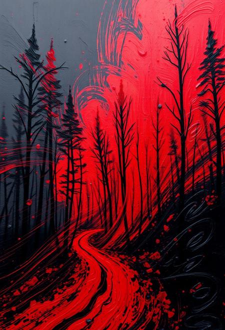 A hyper-stylistic, extremely detailed image depicts a breathtaking painting, crafted from a combination of smeared red and black metallic paint. A burning forest at night is captured in a streaked motion, as if it is moving rapidly in one direction. The red paint is applied in bold, dynamic strokes, creating a sense of energy and movement that is contrasted beautifully by the black accents. The black paint is used to highlight the forest's features, adding a sense of depth and dimensionality to the image. The overall effect is one of breathtaking, surreal dynamism, as if the viewer has captured a fleeting moment in time. Every detail of the image is meticulously crafted, from the delicate, swirling patterns of the red paint to the intricate, textured patterns of the black paint. The contrasts between light and dark, color and texture, create a sense of tension and energy that draws the viewer in, inviting them to explore the kinetic world of the painting. highest-Quality, intricate details, visually stunning, Masterpiece
