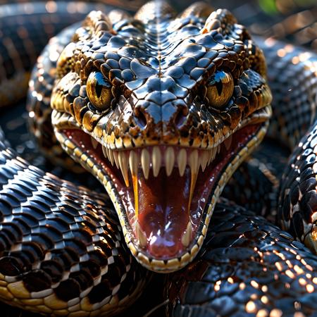 ASCII /1/ snake, top quality, masterpiece, best quality, extreme quality, volumetric lighting, volumetric shadows, 8k wallpaper, (extremely detailed:1.2), extremely detailed face, ((beautiful detailed eyes:1.1), (HDRI glares in the eyes))
/2/ cinematic bloom, chromatic aberration, (extremely depth of field:1.2),
/3/ (giant rattlesnake:1.5), open mouth, snake fangs,
/5/ outside, brown and copper snake skin with HDRI glares, all shaded surfaces always clearly reflecting like mirror,
/6/ (bright colors), vivid colors, perfect contrast,
/7/ (realistic style:1.3), official art,<lora:mjv6:0.8>