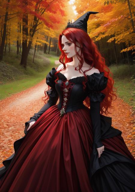 a photo, princess witch ,hair red, fantasy dress, realistic, hd, beautiful dress red, realistic, half body shot, sharp focus, 8 k high definition, insanely detailed