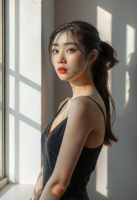 DSLR-style, slender, elegant 26-year-old Korean model, translucent pale skin with natural texture, soft shadow on cheek, diffused daylight from side, parted lips, clean background, solo, masterpiece, ultra high-res  
<lora:NOOB_vp1_detailer_by_volnovik_v1:1>
barely visible pores, subtle skin texture variation, translucent skin tone
A high-resolution portrait of a beautiful 26-year-old East Asian woman standing by a window, natural morning light casting soft shadows on her face and body, wearing a sleek black dress with elegant simplicity, subtle expression, realistic skin texture, slightly tousled hair tied in a ponytail, cinematic lighting, shallow depth of field, hyperrealistic style, emotional atmosphere, DSLR photography look