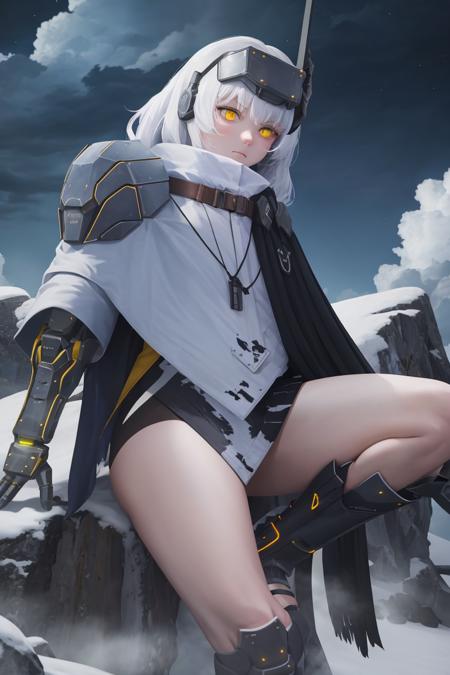 masterpiece, best quality, absurdres, <lora:snowwhite_nikke_v2-000007:1>, nikkesw, 
yellow eyes, white hair, bare legs, single mechanical arm, mechanical boots, cloak, bare legs, thighs, headgear, night, night sky, darkness, glowing eyes,