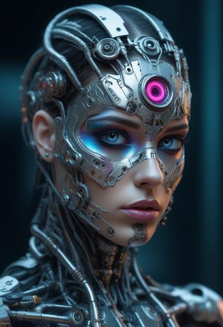 Cyborg biomechanical girl with a cyberpunk appearance with metal pieces on her face and body, with a glass appearance and very vivid colors, deep gaze, very stylized and feminine, big eyes