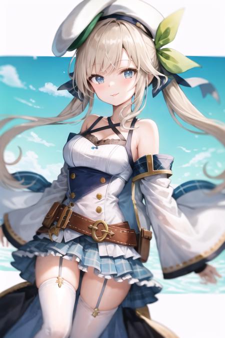 <lora:cucouroux-loha:1>
1girl, solo, cucouroux, thst, blue eyes, low twintails, blonde hair, medium breasts, (white beret), green ribbon, blue ribbon, belt, detached sleeves, pleated skirt, collarbone, bare shoulders, white jacket, white thighhighs BREAK
:p, soft focus,floating city,day, dutch angle