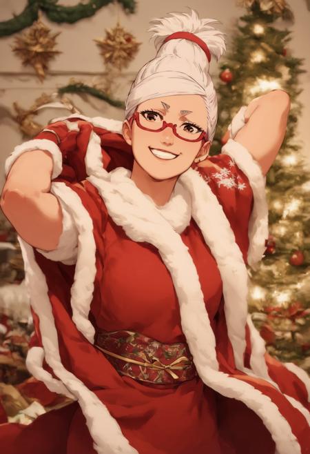 score_9, score_8_up, score_7_up, solo, saeko ayase, long hair, small breasts, white hair, brown eyes, mclaus, red christmas dress, red glasses, christmas tree, smiling, champagne glass in hand. cheering, kimono, mature