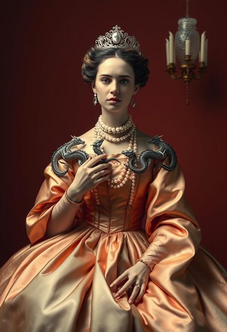 A duchess in an elaborate silk gown, with miniature dragons curling around her pearl necklaces, minimalist still life meets theatrical impressionism, vibrant color blocking, dynamic composition, modern design with vintage drama, expressive lighting, structured geometry, soft pastel textures, stylized urban scenes, surreal object arrangements, elegant figures in motion, stage-like settings, crisp contemporary aesthetics, painterly atmosphere, emotional abstraction, clean design infused with narrative flair, visual poetry through shape and gesture