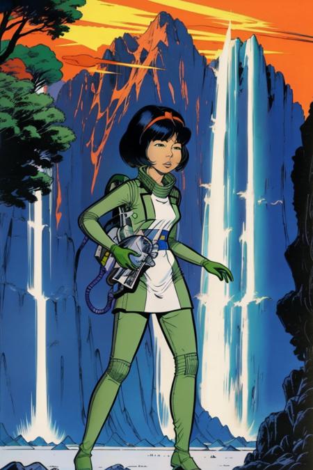 Yoko Tsuno, full body visible, beige hairband, white and green bodysuit, green dress, green boots, spacesuit, spacecraft, alien planet, mountains, futuristic buildings, strange plants and trees, masterpiece, ultra high res, crystal clear, sharp focus, 1girl, 1990s \(style\), traditional media, retro artstyle, futuristic, science fiction, <lora:yoko_tsuno-10:1>