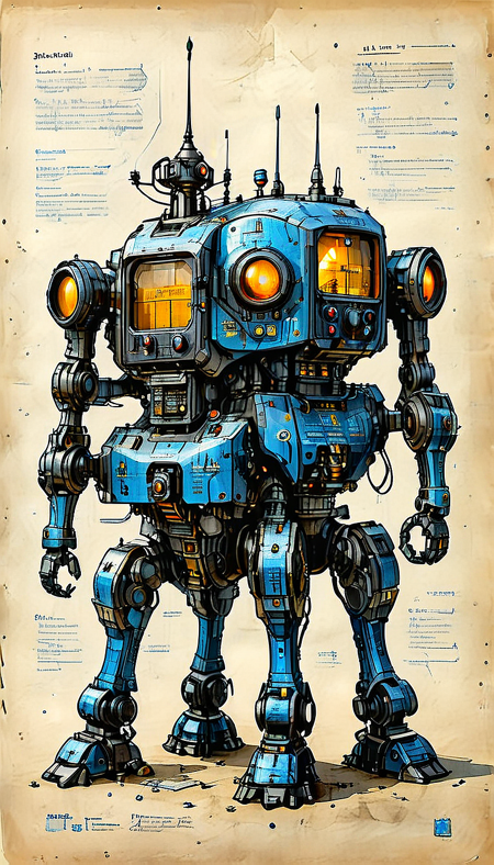An illustrated medieval recipe of a (mecha, science fiction, radio antenna, outdoors, standing, reflection, Walking vehicle, black paint, blue paint), made with ingredients including: (mecha, antenna, parts, wires), text is Old English and Gothic, parchment page, intricate details, muted colors, high resolution, best quality, fantasy vibe
(ultra sharp focus:2), (detailed windows:2), (thin lines:2), (best quality:1.8),
<lora:MJ52:0.8> <lora:ParchartXL_CODA:1>
<lora:Apparatus_-_Traction_City_Walkers_Vehicles:0.8>,