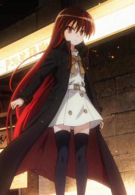 <lora:ShakugannoShana:1.0>, ShakugannoShana, ShanaFlame, solo, looking at viewer, thighhighs, dress, holding, brown eyes, very long hair, weapon, sword, white dress, white thighhighs, zettai ryouiki, coat, torn clothes, cosplay, parody, katana, torn thighhighs, long coat, trench coat, shana