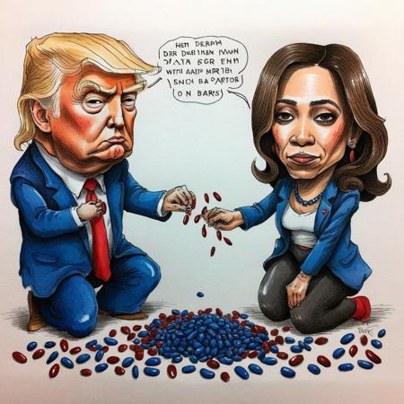 (hand drawn:1.5) (extremely rough:1.5) ink and color (sketch:1.5) of Donald Trump and Kamala Harris counting and dividing red and blue beans, caricature in cuneo style, (full character:1.4),   (irregular lines:1.5), candid pose, extremely detailed, (surreal:1.5), paper texture background