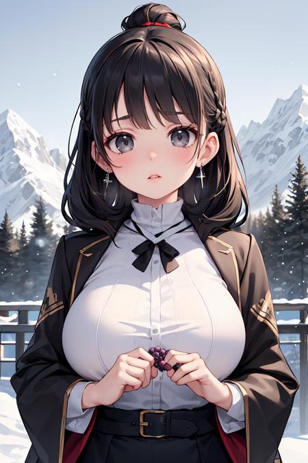 (masterpiece, best quality), Ear muffs, Luminary, Average Height, Slim, Round Face, Fair Skin, Black Hair, grey Eyes, Narrow Nose, Pouty Lips, Prominent Chin, Long Hair, Fine Hair, Formal Updo, large breasts, Clip-on earrings, grape metallic lipstick, an alpine ski resort with twinkling lights and snowy slopes