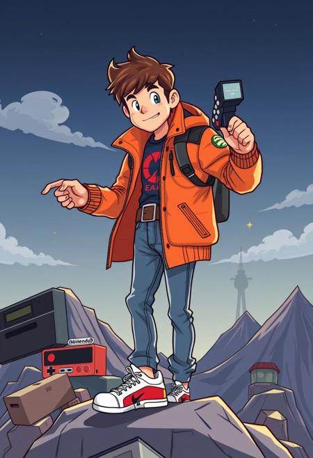 cartoon style, good definition, A young man with a marty mcfly jacket with a sega control belt ajeans nd old nike tenis  raisign a nintendo zapper over a mountain made with old videogames cartidge
