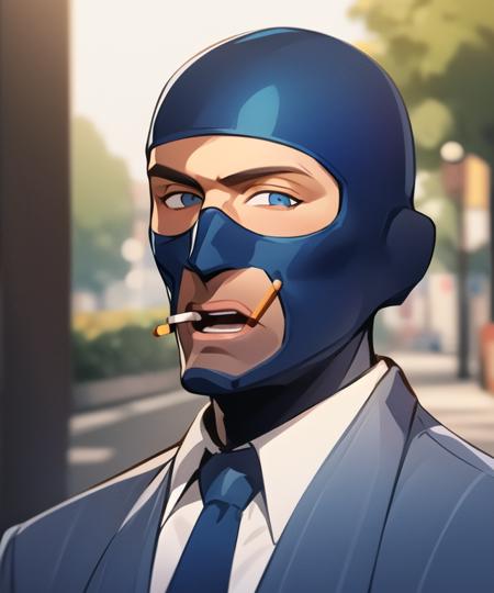 masterpiece, solo, headshot portrait, tf2spy, bluteam, cigarette, detailed eyes, blue suit, blue necktie, glack gloves, open mouth, front view, detailed background, outdoors, looking at viewer, <lora:spylorav1:0.8>