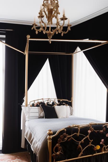 dvArchInteriorGothic style, black bedroom,  sheets, flowers, cloth, stitching,  window to outside, subtle details, 24mm, f1.8, shadows, sunset lighting, wide angle, award winning architecture photography, diffused light, soft light