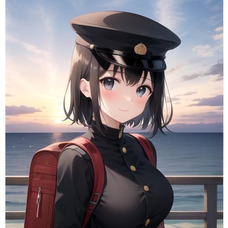 ((masterpiece)),(best quality),official art,extremely detailed CG,unity 8k wallpaper,ultra detailed,A lighthouse on a cliff by the sea,1girl,solo,upper body,(portrait:1.2),looking at viewer,hat,black_hair,short_hair,white_gloves,large_breasts,military_uniform,black_eyes,black_thighhighs,peaked_cap,smile,blush,backpack,pleated_skirt,<lora:Akitsu Maru(kan)>,