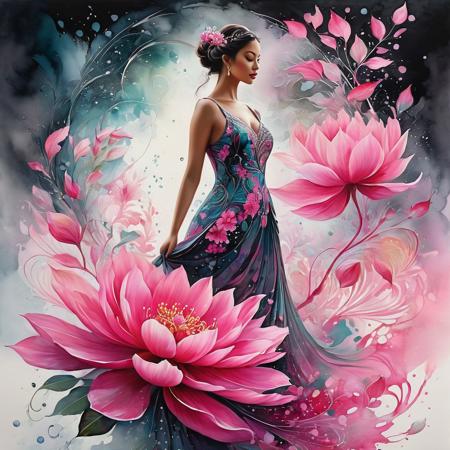 An intricate artwork of a female figure adorned with a large, vibrant pink flower. The figure wears a dress that seamlessly blends with the natural elements, with swirling patterns resembling leaves and water. The background is a soft, watercolor-like hue, with subtle splatters and bubbles, adding to the ethereal ambiance. The entire composition exudes a sense of harmony between nature and humanity., dark fantasy, vibrant, painting, photo