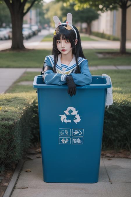 ltra-detailed,highly detailed,best quality,masterpiece,illustration,realistic,
kasumizawa miyu, 1gir l, solo, miyu \(blue archive\),cosplay,
bangs, long hair,fake animal ears, rabbit ears,
school uniform, serafuku, neckerchief, sailor collar,long sleeves, pleated skirt,
looking at viewer, in trash can,
photo background,outdoors, ruins,trash can, grass, bush,
<lora:kasumizawa miyu_v1_07:0.7>