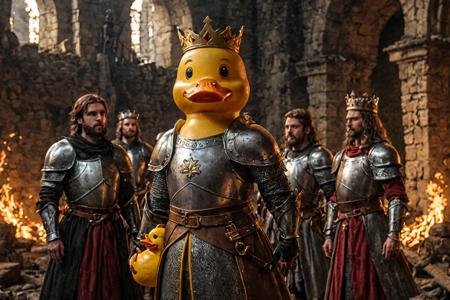 A huge yellow rubber toy duck wearing a crown stands among the ruins, surrounded by a group of medieval knights, magical world style, mystery, fire and magic, and the flame is lit in the background.
