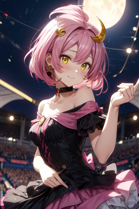 1girl,((luna_1i)),(shoulder-length pink hair,styled in the shape of a crescent moon,),yellow eyes, (wears a black and pink frilly dress,crescent moon theme),headpiece crescent moon,crescent moon choker,small breast,stage, dancing, happy, colorful lights,
