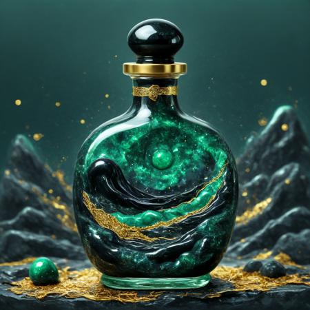 beautiful scenery nature glass bottle landscape, , obsidian jade galaxy bottle, , jade and gold, doodle, messy, dirty, hard lines, (scribble:1.5), sketch, masterpiece, 35mm, bright colored theme, intricate details, dreamy fantasy concept style