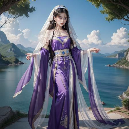 china goddess, shiny skin best quality, masterpiece, 1girl, solo, long hair, straight hair, jewelry, earing, sky, cloud, colorful, ancient chinese background, full body, purple clothes, purple dress, purple veil
best quality, masterpiece, HD, Ultra realistic, CG, 8K, 32K, ray tracing, light, masterpiece,ultra realistic,32k,extremely detailed CG unity 8k wallpaper, best quality, vibrant colors, 
 <lora:ChinaGoddessV2-06:0.6>