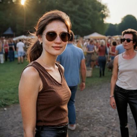 A beautiful 35mm photo of a 30 year old Dutch woman, sideview, (80's sleeveless t-shirt)), ((leather pants)), ((sunglasses)), ((full body:1.2)), she has a comely face, shy smile, in love, pale skin, very dark eyes, chocolate brown hair, straight hair, 70's fringe, ponytail, beautiful mouth, long face, narrow chin, freckles on nose, birthmarks on stomach, she is slim, natural tits, perfectly shaped tits, pubic hair, ultra realistic, extremely detailed, highly detailed eyes, realistic eyes, highly detailed skin, realistic skin, at a festival, having fun, happy, beautiful sky, soft natural light, Rembrandt style light, 8k resolution, masterpiece, 35mm, Hasselblad, film grain, (ultra high res:1.2),(photo-realistic:1.3) (skin pores:1.1)