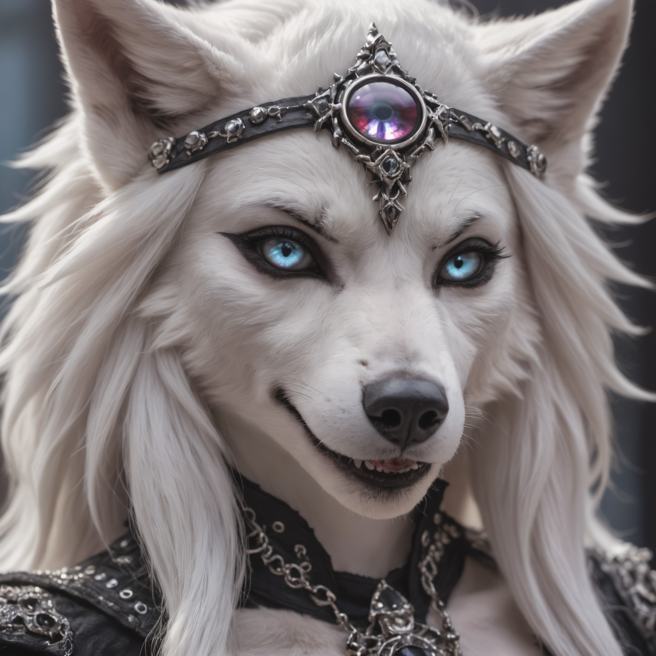 Detailed  closeup photo of an anthro  white wolf queen wearing gothic clothes, detailed eye's, epic light