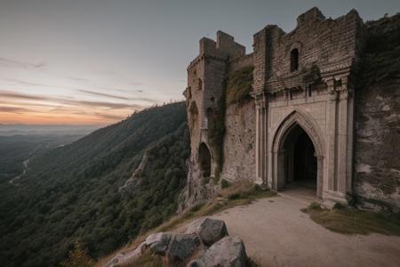 raw photo, a sunset landscape, oregon mountains, forested ravine cliffs, cozy, photorealistic, abandoned Towering Stone gateway entry into dark the side of cliff, dwarven, high fantasy style, high detailed texture, 8k uhd, dslr, soft lighting, high quality, film grain, Fujifilm XT3, Sony A7 IV, highly detailed photography, (muted colors, cinematic, dim colors, soothing tones:1.2), vibrant, insanely detailed, hyperdetailed, (dark shot:1.2), (vsco:0.3), (intricate details:0.9), (hdr, hyperdetailed:1.2) (highest coherency: 1.39) (highest quality: 1.39) (rule-of-thirds) (award-winning) (masterclass) (highest resolution: 1.39) (castle architecture built into cliff) (starfort: 1.1) (protruding from hillside)