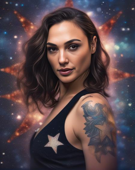 GalGadot, portrait,close up of a Mosaic-Like Dreamlike Female, Jumping, Trendy hair, Belarusian Ferrari Tattoo, Stars in the sky, Bokeh, Goth Art, hair light, <lora:GalGadotSDXL:1>