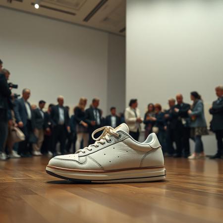 an art exhibition in which a tennis shoe is being displayed as a work of art, the tennis shoe is on the floor, and the public, which is rich, is around it