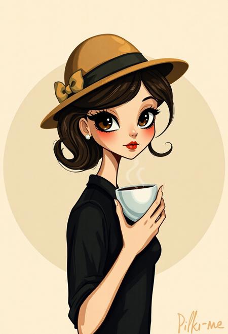 A stylish woman with a vintage hat and oversized eyes, delicately holding a cup of coffee, her curved figure contrasting against a precisely structured modernist background. whimsical vintage-inspired characters infused with structured geometric purity, soft expressive brushwork blending with clean precise modernist forms, warm nostalgic color palettes merging with muted neutral tones, balanced spatial composition with refined clarity