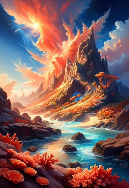 ethereal fantasy concept art of  breathtaking  a wanderer between worlds in flowing clothes, (epic landscape:1.5),  (style Ido  drawing), (style Ido  painting),best quality, masterpiece, extremely detailed,  professional  art,  professional painting, an extremely delicate and beautiful, dynamic,  great lighting, perfect shading, professional shading, depth of field,   side soft light, elegant, gorgeous, highly detailed,   full shot, uncropped,   pure genious, absolutely perfect,  highly detailed, breathtaking,
image style is octane render with detailed John Berkey  incluence ,, landscape  a cosmic canvas where stars weave tales of eternity, Towering Granite Spires and Cliffs,       bioluminescent ,     many small clouds, and one big cloud, and clear sky,,   in the sky is blackhole and coronal flares and asteroid belts ,  ,a vibrant coral reef, with schools of fish darting between the brightly colored coral structures.,
<lora:psychedelic_trip:0.7> psychedelic trip,
<lora:EldritchRomanceIllustration1.3.1:0.5>,
<lora:- SDXL - vanta-black_contrast_V3.0:0.2>,
<lora:add-detail-xl:1>,
<lora:detailed_notrigger:1>,, masterpiece, award-winning, professional, highly detailed, magnificent, celestial, ethereal, painterly, epic, majestic, magical, fantasy art, cover art, dreamy, sandswirl