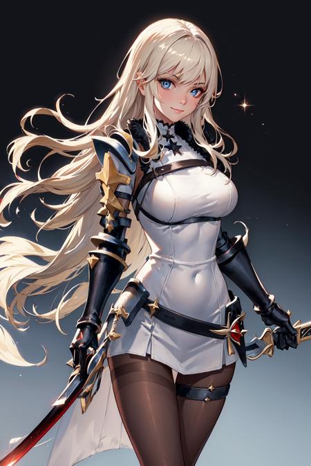 (((masterpiece))), shane, 1girl, solo, long hair, looking at viewer, smile, blue eyes, blonde hair, large breasts, red eyes, dress, holding, closed mouth, standing, weapon, pantyhose, sword, cape, holding weapon, white dress, armor, black pantyhose, thigh strap, feet out of frame, heterochromia, holding sword, shoulder armor, gauntlets, brown pantyhose, <lora:shane-05:1>