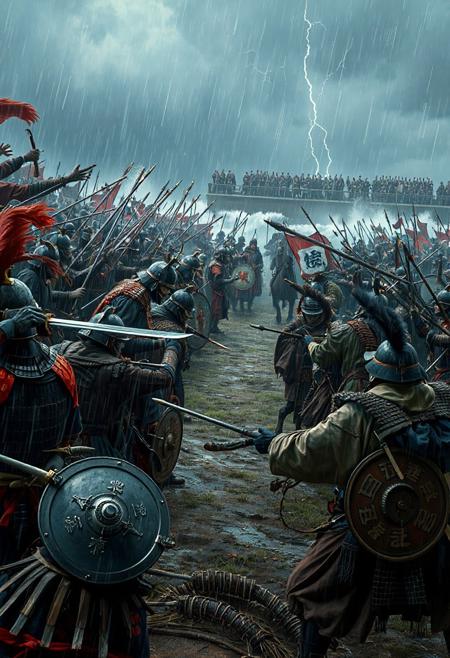 A vivid, cinematic battle on a stormy coastal plain, showing adult Japanese samurai clashing with adult Mongolian warriors in a 13th-century conflict. Rain lashes the scene as warriors engage in intense combat, with ocean waves crashing and distant ranks fading into mist. The atmosphere is chaotic and richly detailed.
Japanese Samurai: Elite samurai, all mature warriors, wield katana and naginata, blades gleaming. Ashigaru spearmen, also adults, form disciplined ranks with yari spears. Samurai wear o-yoroi armor: lacquered iron plates in crimson and black, tied with silk cords, paired with kabuto helmets featuring gold crests and protective menpo masks. Ashigaru wear simpler do-maru armor in muted greens. Tate shields display white clan mon. Weapons include tachi swords, tanto daggers, and yumi bows. Colors are crimson, black, and gold, with blue-white silk sashes billowing.
Mongolian Warriors: Adult Mongol horse archers fire composite bows, while infantry brandish curved sabers and maces. They wear lamellar armor of iron and leather in browns and blues, with conical helmets topped with horsehair plumes. Round shields bear red-black tribal patterns. Cavalry wear fur-lined vests and felt boots. Weapons include short spears and handaxes. Colors are brown, blue, and red, with embroidered saddlecloths.
Stormy skies and lightning highlight wet armor. Mud and battle scars add realism.