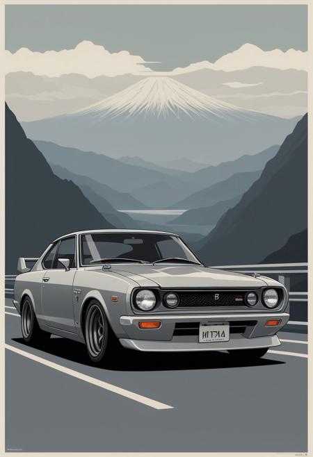 gray nissan hakosuka gtr, mountains, clean minimalistic , illustration, Japanese vintage poster