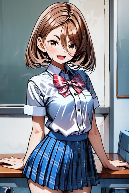 1girl, classroom, cowboy shot, smile, open mouth, standing, 
kohinata_poem, brown eyes, brown hair, short hair, (hair between eyes:1.4), red bowtie, school uniform, white shirt, short sleeves, blue skirt, plaid skirt, pleated skirt, <lora:kohinata_poem_lora_ver1:0.7>, best quality, masterpiece, highres, <lora:GoodHands-vanilla:1>