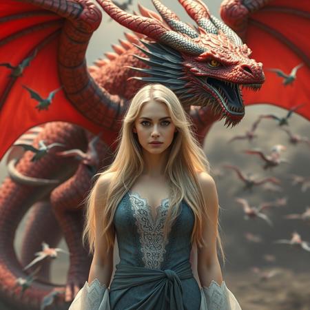 a beautifull woman is satanding in front of a dragon , the dragon is red and blue, super focus on female, many baby dragons are flying in the backround, superrealistic, the woman has blond long hair