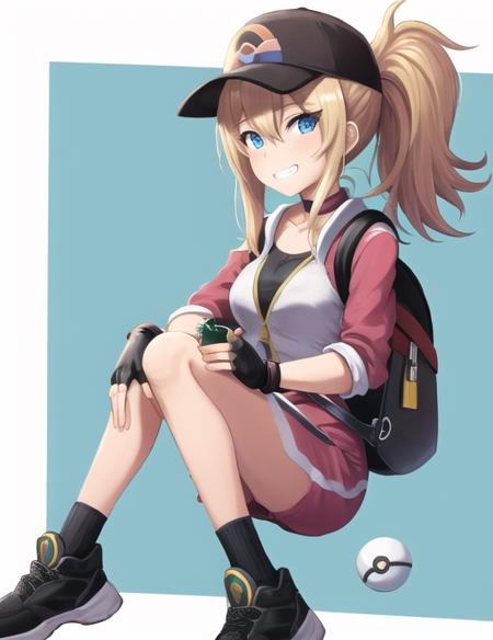 <lora:Pkmngofemale-08:0.7> Pkmngofemale, 1girl, solo, long hair, looking at viewer, smile, blue eyes, blonde hair, simple background, gloves, hat, white background, holding, full body, ponytail, shoes, choker, socks, belt, fingerless gloves, bag, grin, backpack, baseball cap, cropped jacket, poke ball, poke ball (basic), holding poke ball