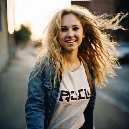 jun0t3mpl3  <lora:jun0t3mpl3:1>, analogue photo, beautiful happy young  woman, age 25, with long blonde  hair, jeans and a t-shirt, walking, upper body, concrete back ally, evening, cinematic lighting, eye level, shot on Leica M3, Fujicolor Pro, vignette, in style of Brandon Woelfel