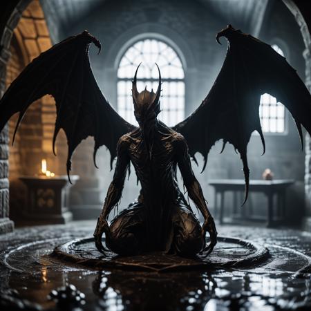 highly detailed  photo of a nightgaunt squatting in a magic circle in an occult room in a medieval house, ((indoors)), 
wings, arms, ((dark)),

realistic, depth of field, blurry background,

photorealistic,
horror, eerie,
silhouette lighting,


