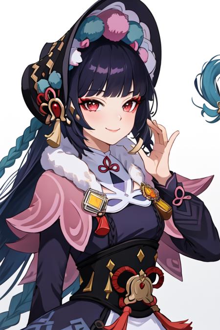 best quality, masterpiece, highres, solo, {yun_jin_genshin:1.15}, bangs, blunt_bangs, long_hair, red_eyes, black_hair, bonnet, smile, capelet, vision_\(genshin_impact\), tassel, pink_capelet, purple_hair, makeup, closed_mouth, 1girl, looking_at_viewer, portrait