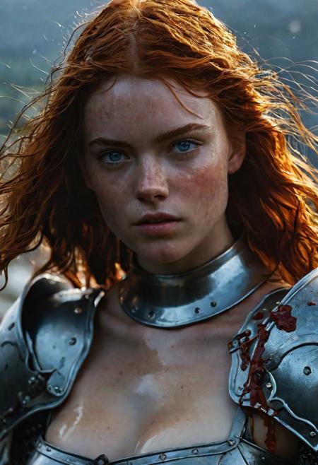 Beautiful Knightess in shiny iron armor, standing on a bloody and stormy battlefield in epic bloody battle, fighting pose, wavy red hair, nice dirty and serious face, fantasy, oily skin, full body, athletic figure, beautiful blue eyes, 8k, ultra realistic, hyper realistic, highly detailed, curves, beautiful perfect close-up pupils, daylight, fantasy style, high contrast, colorful polychromatic, Beautiful Sadie Sink as Knightess, beautiful firm Breasts, defiant and seductive, wet oily shiny skin, ultra detailed, (Intricately Designed dirty face: 1.3), Cinematic clorful lighting, realistic body and face, Photograph Taken on Nikon D750, Intricate, Elegant, Digital Illustration, Scenic, Hyper-Realistic, Unreal Engine, CryEngine, Octane Render, Artgerm, WLOP, Greg Rutkowski, 8k ultra high resolution concept art, hyper-defined, sharp focus, echoing, (hyperdetailed body and face: 1.3), Atrractive, Atrractive 21 years old woman, attractive bust girl, asymmetric balance