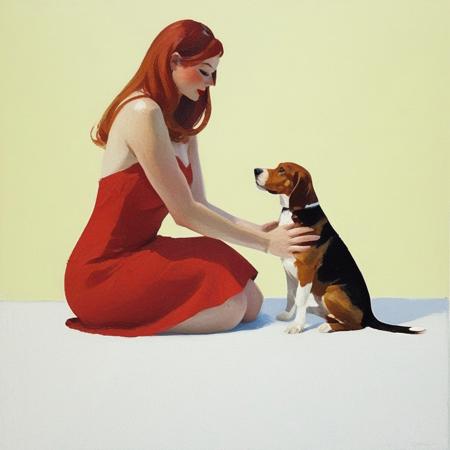 A vibrant abstract dario painting of a vibrant, red-haired woman in a form-fitting red dress, holding a red square in one hand and a red pillow in the other. She is positionedagainst a backdrop of yellow and white. To her right, a Basset Hound dog with a white and brown coat is sitting on the floor, also holding a red square. The overall ambiance of the image is playful and retro, reminiscent of mid-20th century pin-up art.