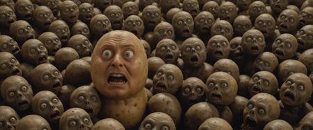 a terrified anthropomorphic wide-eyes potato being overwhelmed by a horde of zombies, by george a. romero BREAK film still from 70s exploitation movie . highly detailed, high budget, cinemascope, 35mm film, stained, epic, sharp focus, film grain, grainy